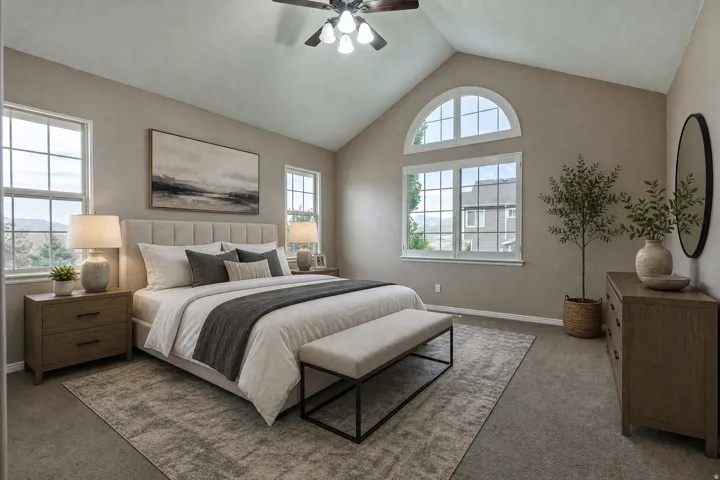 Vaulted ceiling featuring a ceiling fan, arched transom window, and multiple large windows
