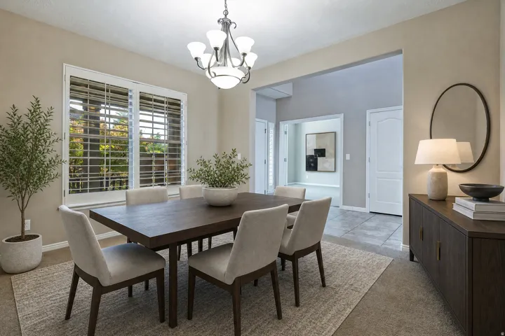 Dining area featuring neutral wall tones, a contemporary chandelier, and a large window with plantation shutters