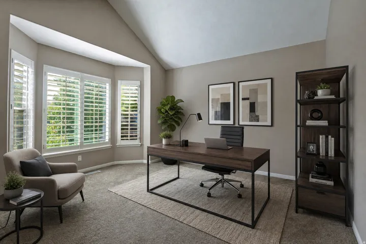 Bay window with plantation shutters, vaulted ceiling, neutral wall tones, carpeted flooring, and built-in shelving