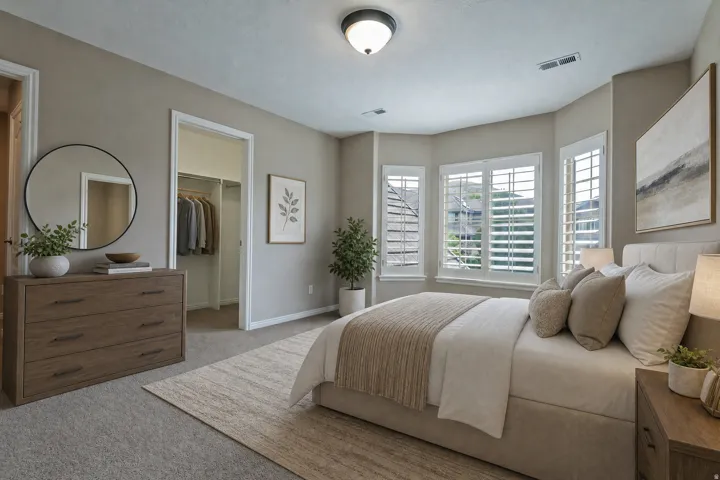 Carpeted bedroom featuring a bay window with plantation shutters, a recessed clothing closet, and neutral wall tones