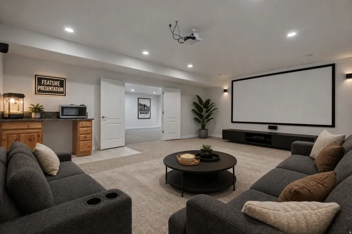 Dedicated media room featuring a large projection screen, projector, and built-in sound system