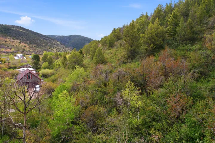 Mountainous terrain featuring diverse natural vegetation and a distant structure