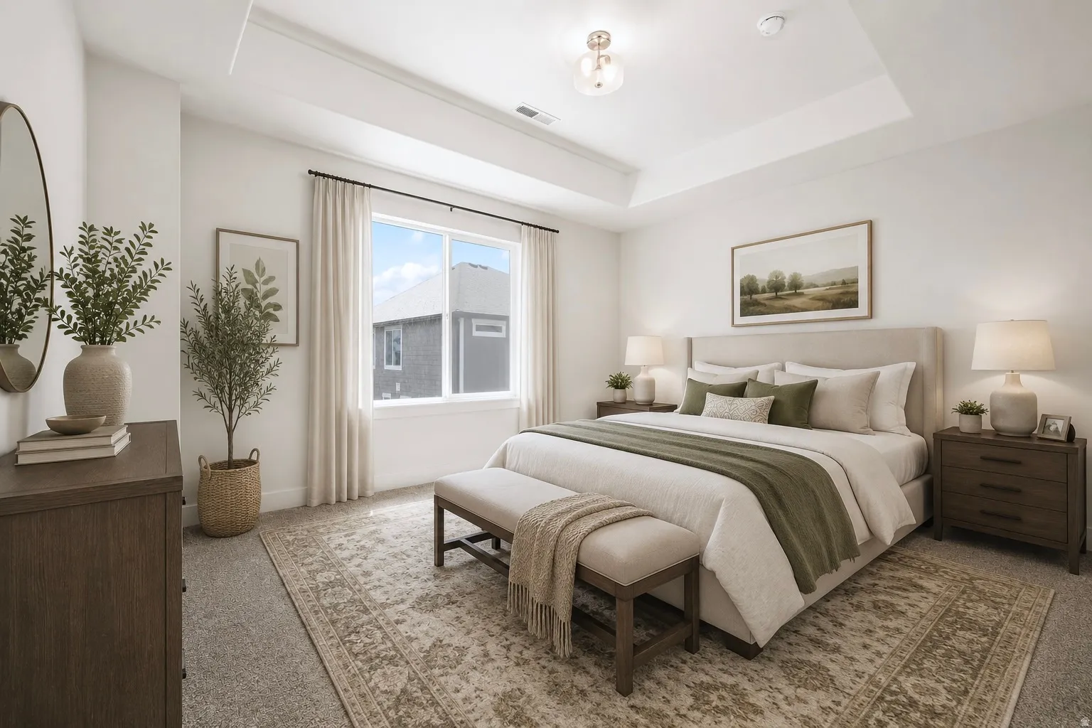 Spacious room featuring a tray ceiling, broad window with light-filtering drapes, wall-to-wall carpeting, and an overhead flush-mount light fixture