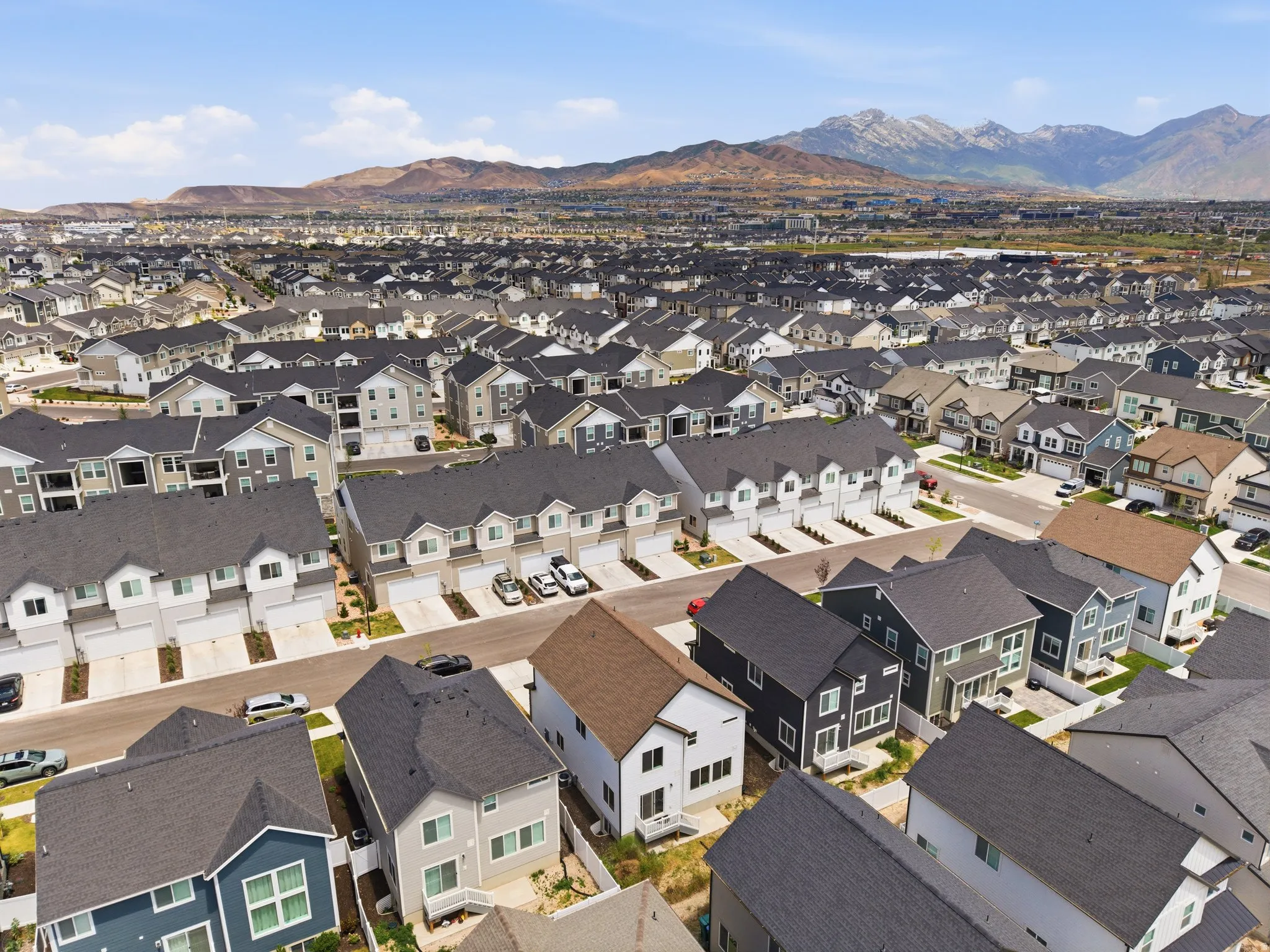 Aerial perspective showcasing a residential community with varied architectural styles