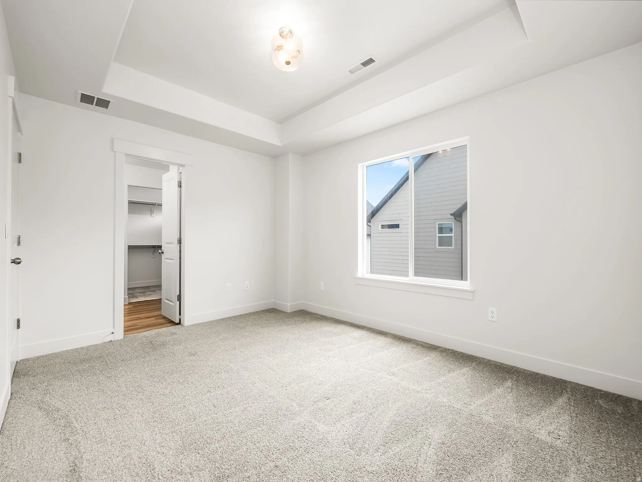 Bright room with light gray carpeting, tray ceiling, and a contemporary flush-mount light fixture