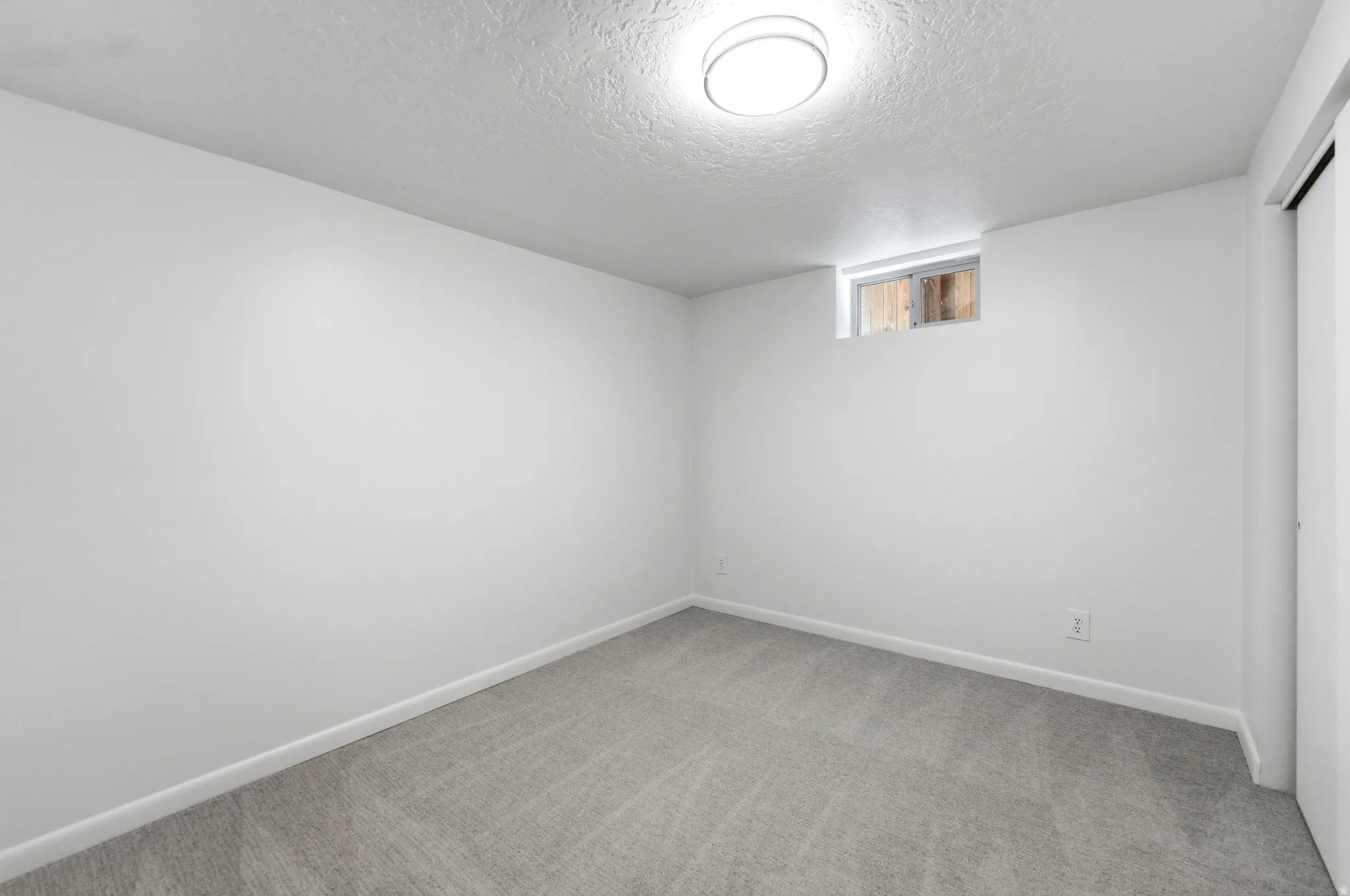 Interior room featuring light gray carpet, white walls, a single window, and a flush-mount ceiling light fixture