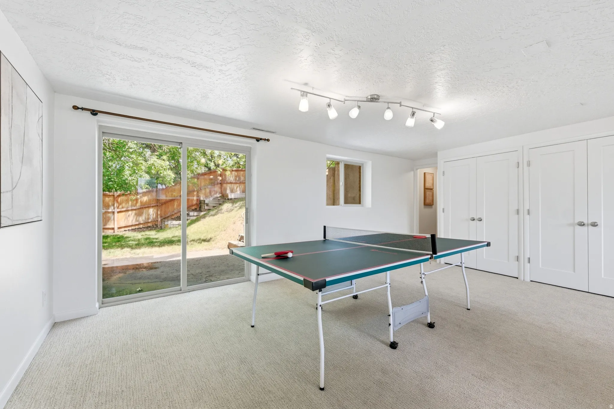 Carpeted recreation room featuring white walls, a sliding glass door to the exterior, a single casement window, track lighting, and two sets of double-door closets