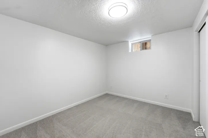 Interior room featuring light gray carpet, white walls, a single window, and a flush-mount ceiling light fixture