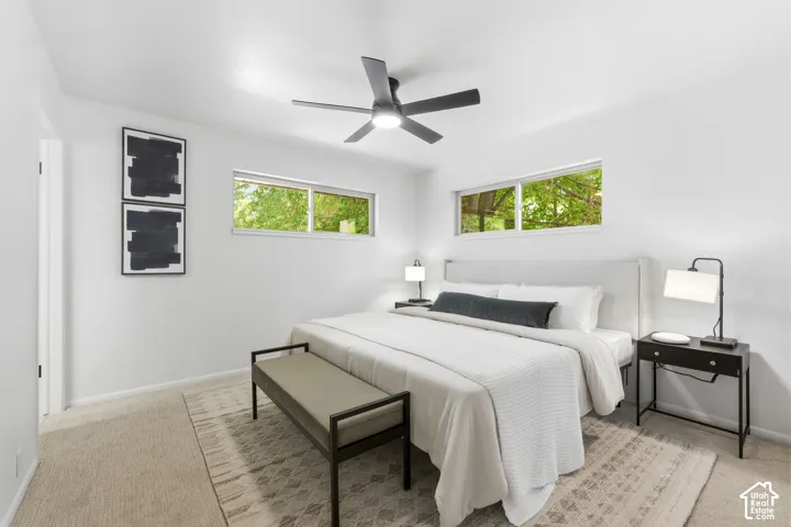 Bright bedroom featuring two transom windows, a ceiling fan, and light-colored carpeting