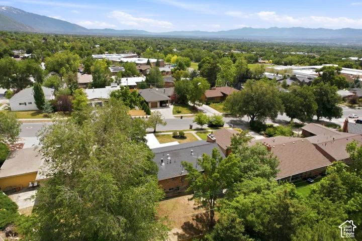 Aerial perspective showcasing a residential neighborhood with mature trees and mountain backdrop