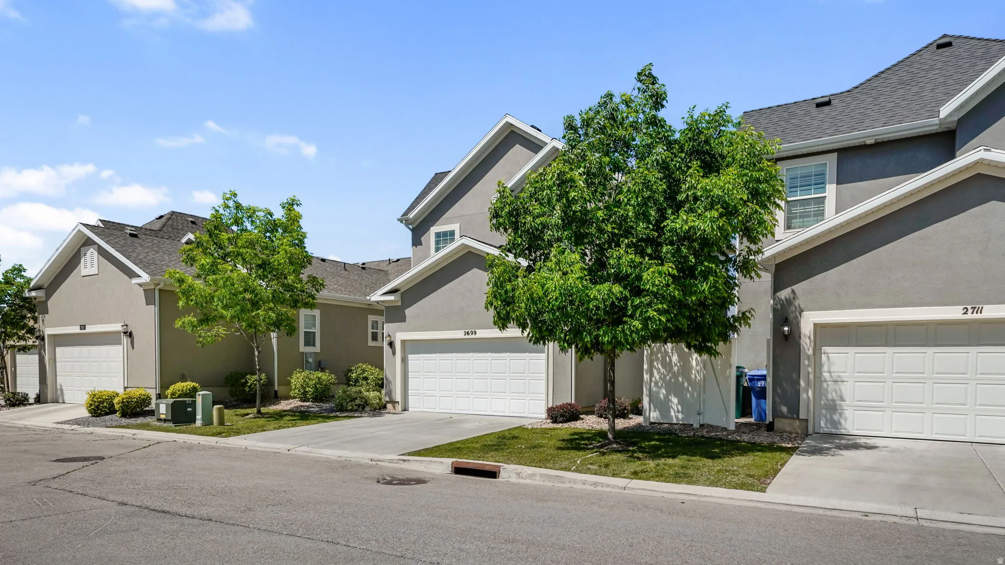 Exterior stucco facade with white trim, featuring an attached garage with a paneled door, a paved driveway, and mature landscaping