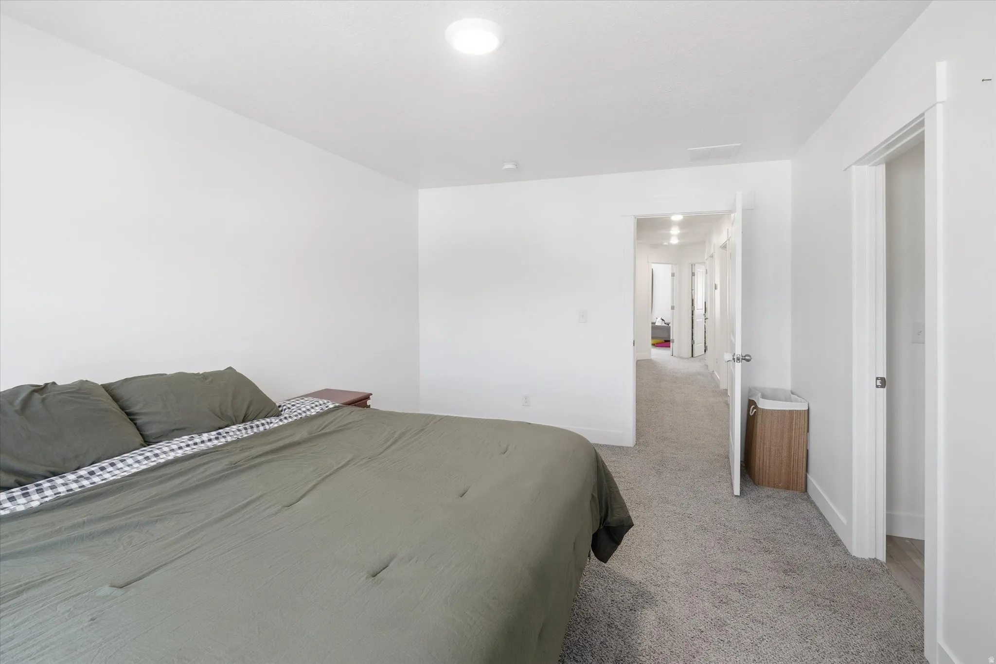 Bright interior space featuring a light gray carpeted floor, white walls, and a flush-mount ceiling light fixture