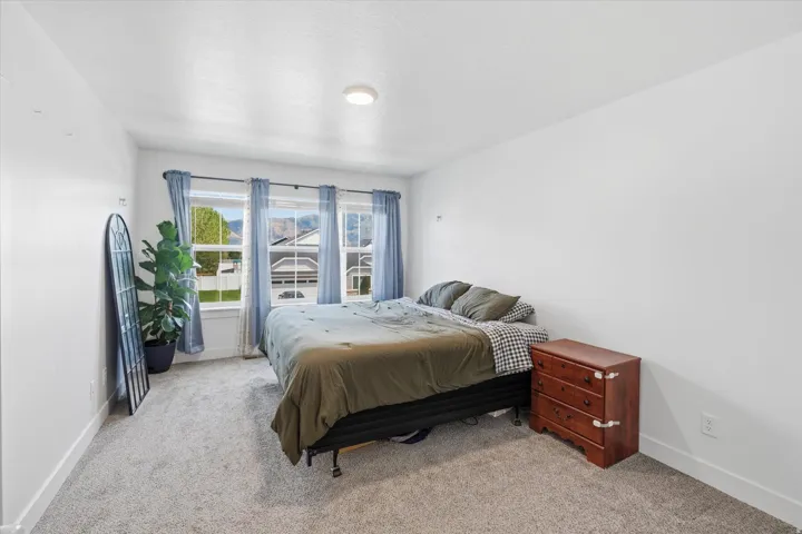 Carpeted room featuring three pane windows with mountain scenery, white walls, and a ceiling-mounted light fixture
