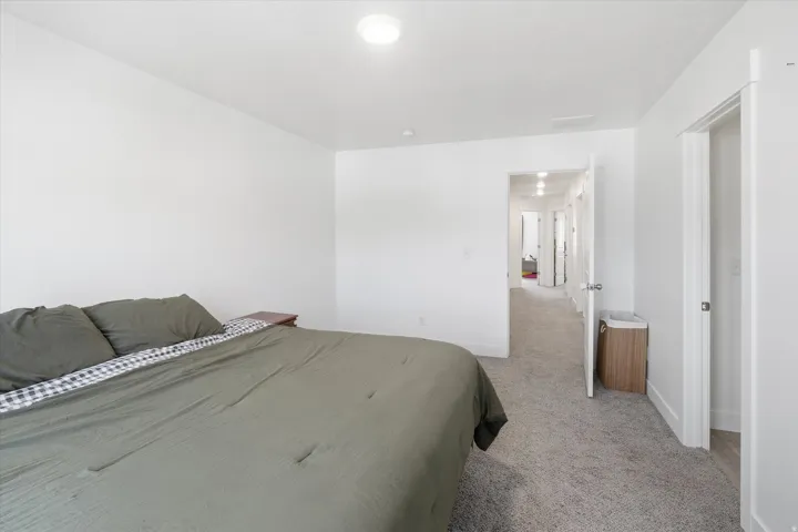 Bright interior space featuring a light gray carpeted floor, white walls, and a flush-mount ceiling light fixture