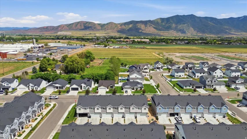Aerial perspective showcasing a residential community with varied architectural styles