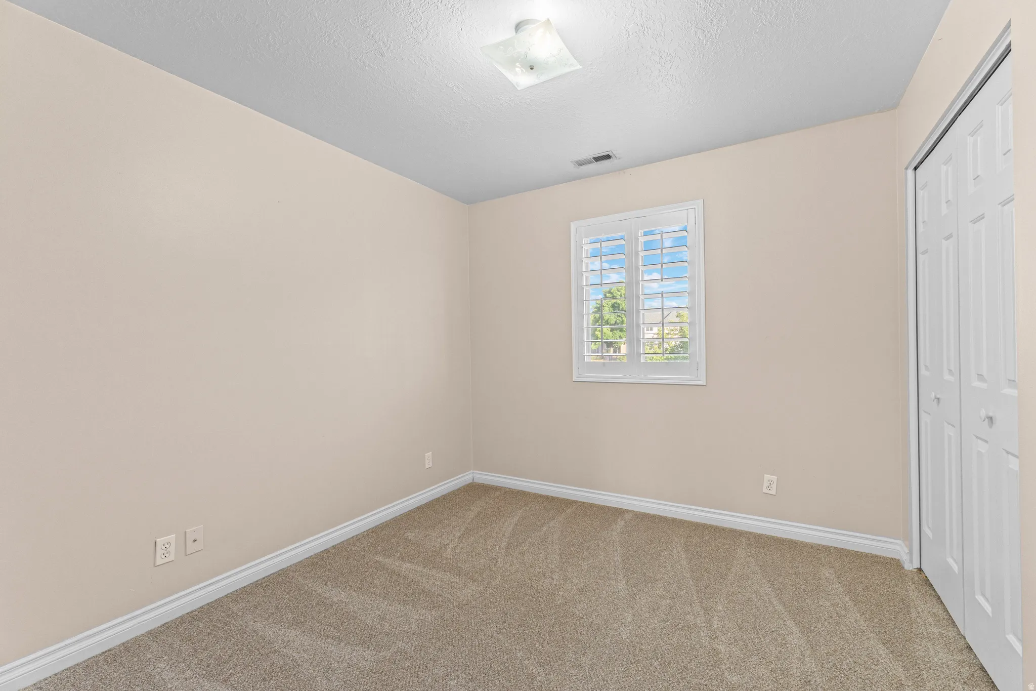 Neutral-toned walls complement the textured carpet flooring