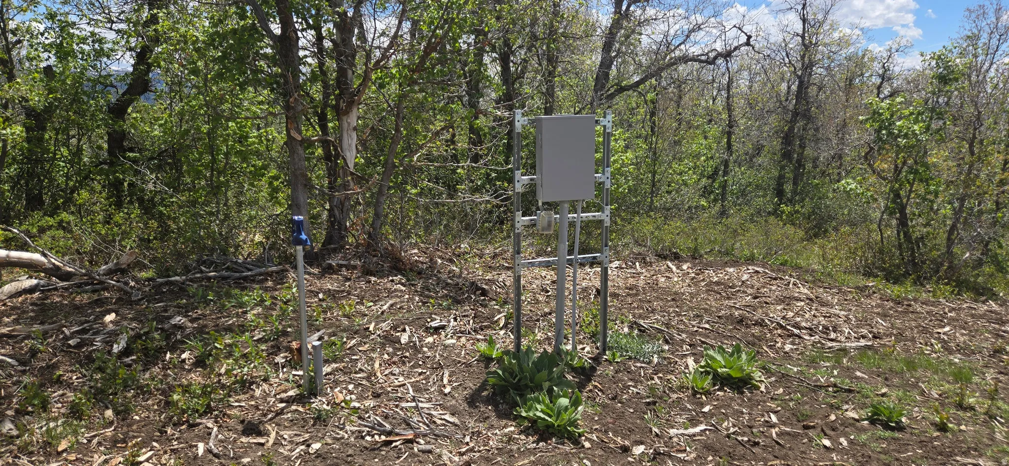 Outdoor electrical utility box with conduit and a grounded post