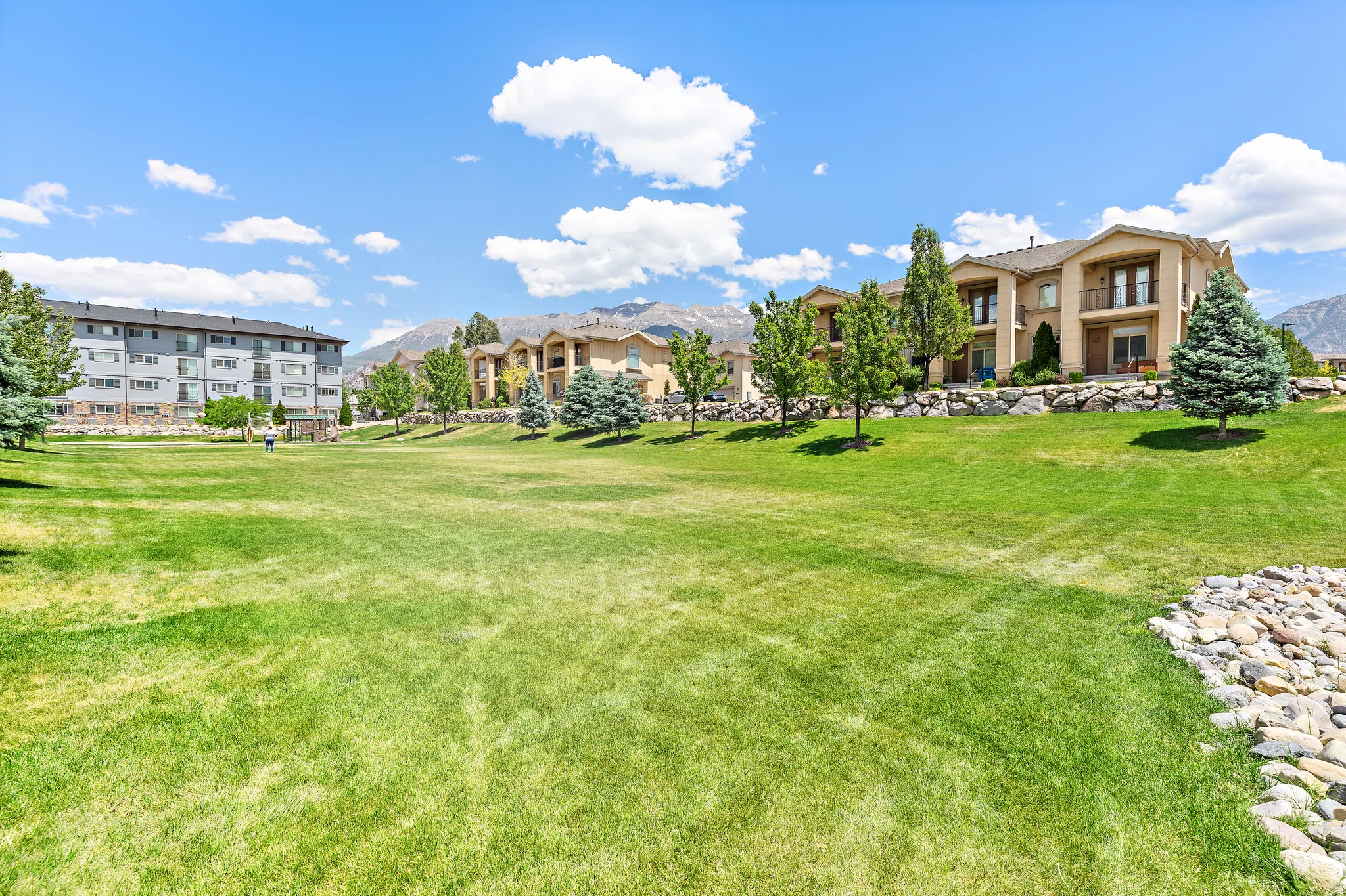 Expansive green space featuring manicured lawns, mature trees, and a decorative rock border