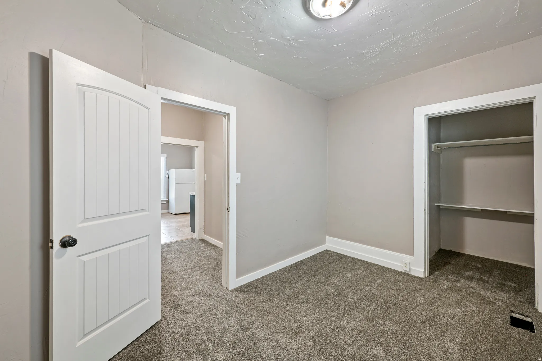 Carpeted room featuring a white paneled door, flush-mount ceiling light, and an open closet with two shelves