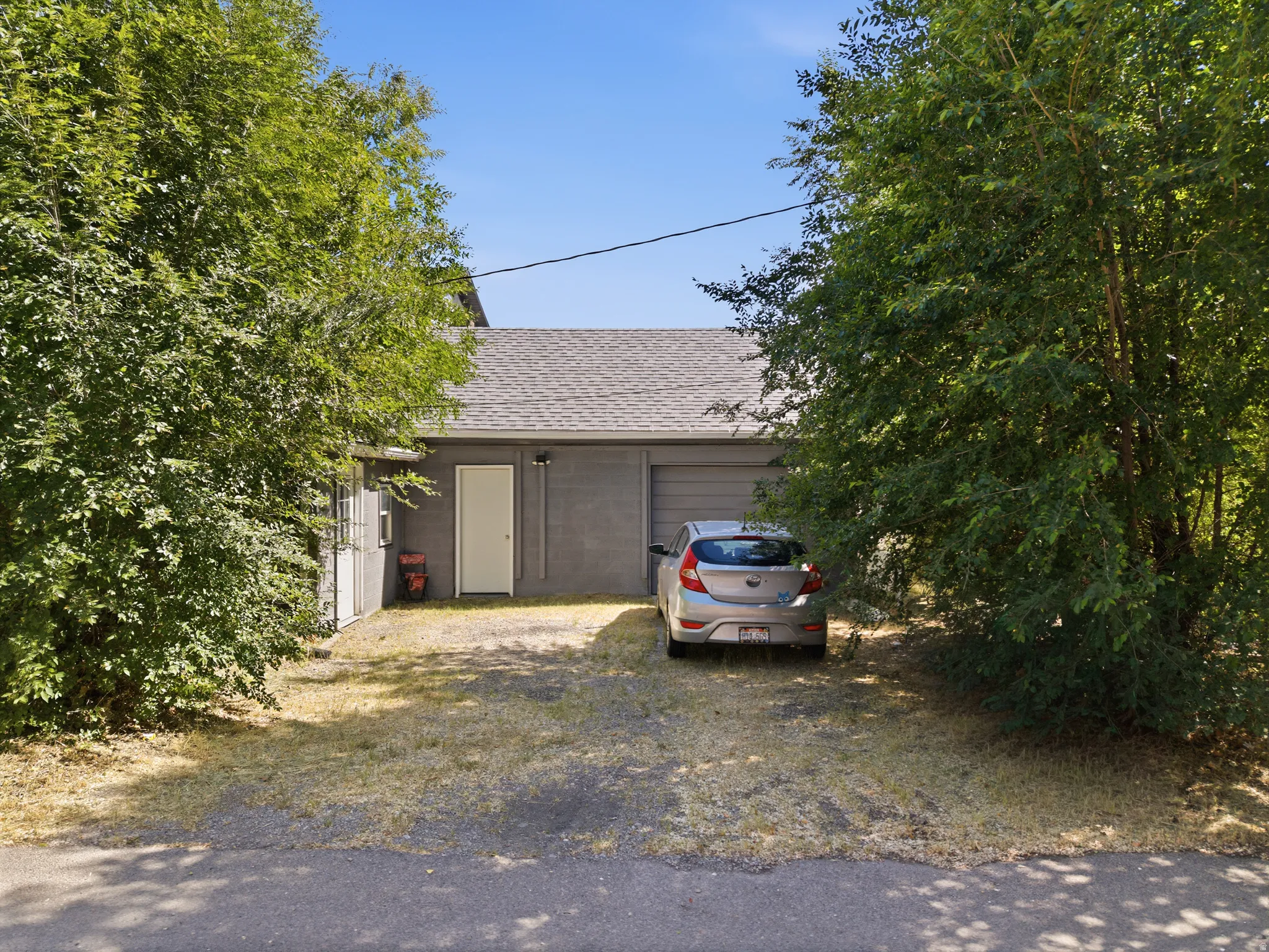 Detached garage with a shingle roof, painted exterior, and a single white entry door