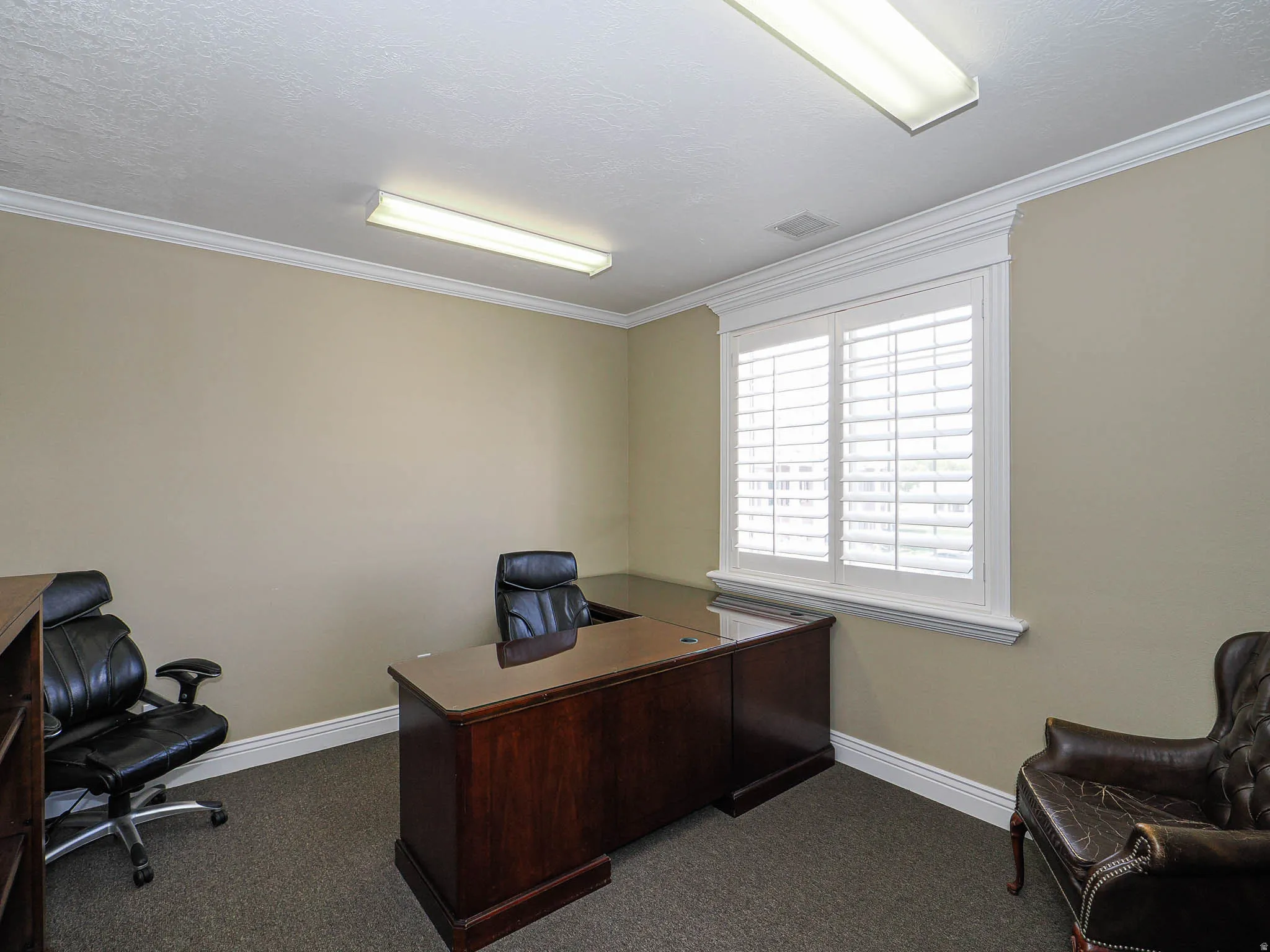 Office with crown molding and dark carpet