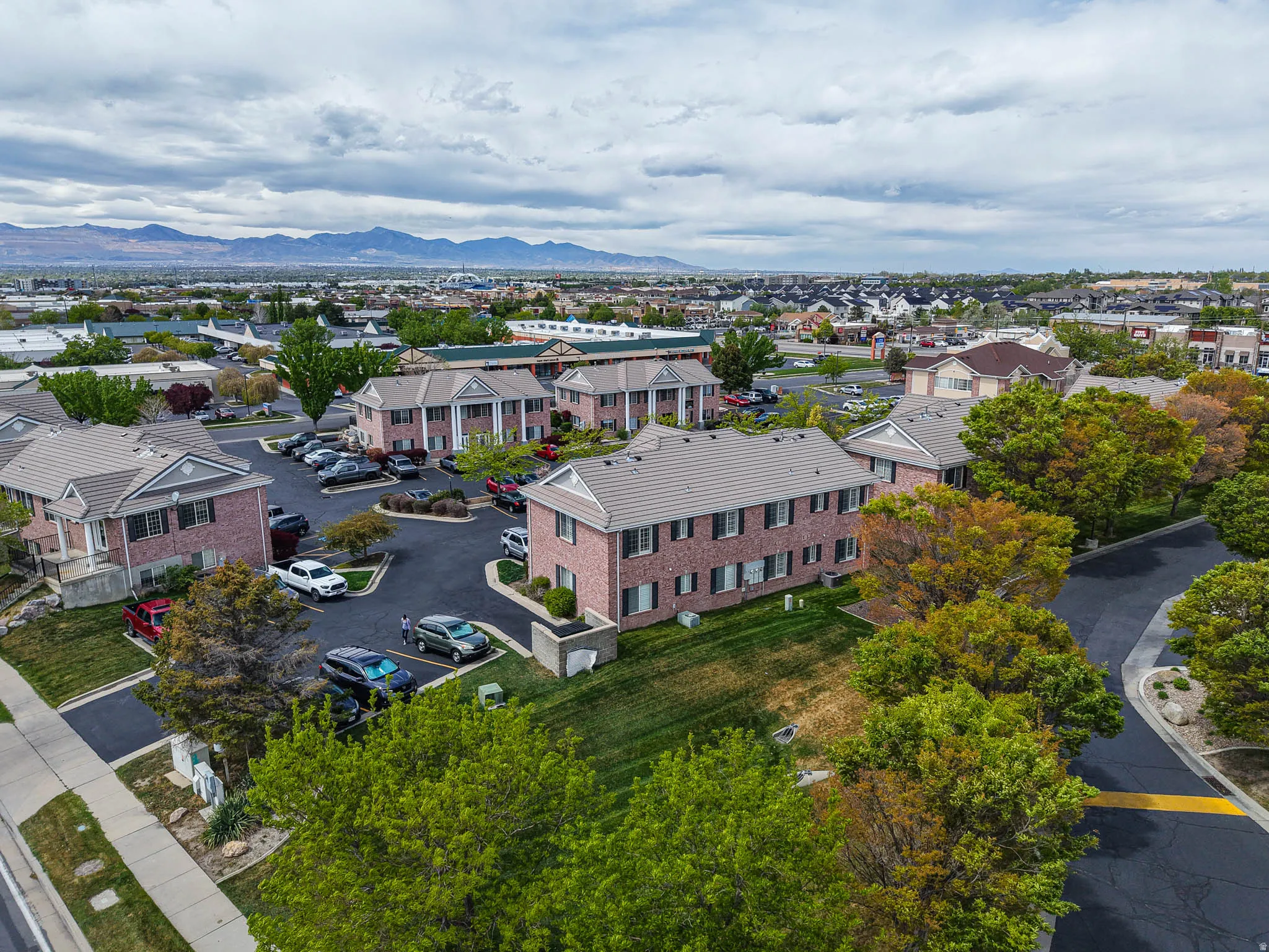 Aerial perspective of suburban area featuring mountains