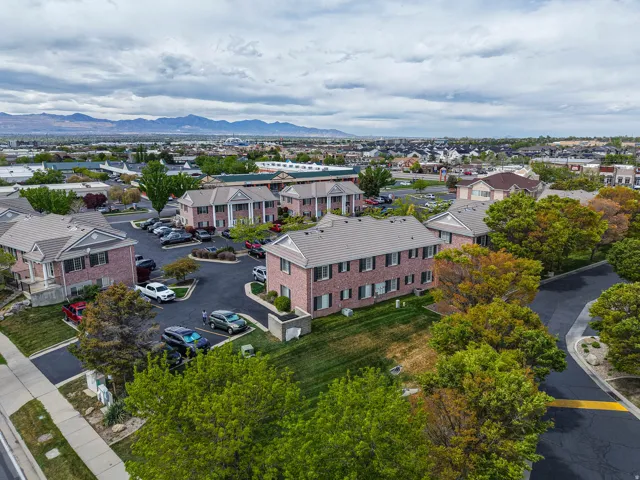 Aerial perspective of suburban area featuring mountains
