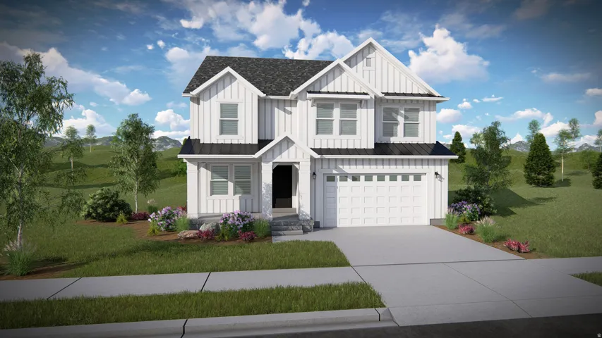 Contemporary two-story residence featuring white board-and-batten siding