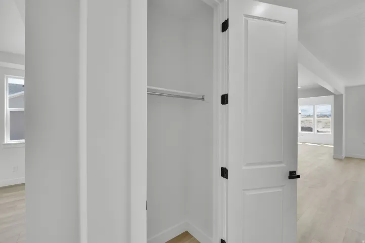 Interior closet featuring a single hanging rod, white paneled door with matte black hardware, and light wood-finish flooring