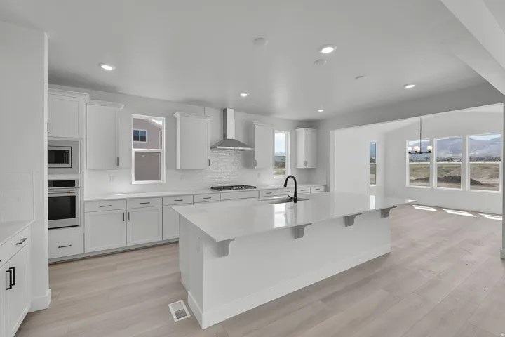 Modern kitchen with white cabinetry and light wood-finish flooring