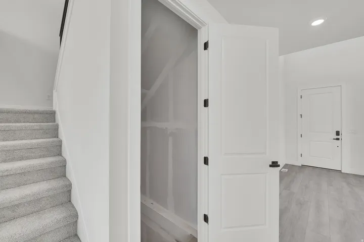 Under-stair storage area with a white paneled door and black hardware