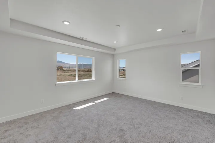 Spacious room with multiple windows, recessed ceiling lighting, tray ceiling detail, and light gray carpet flooring