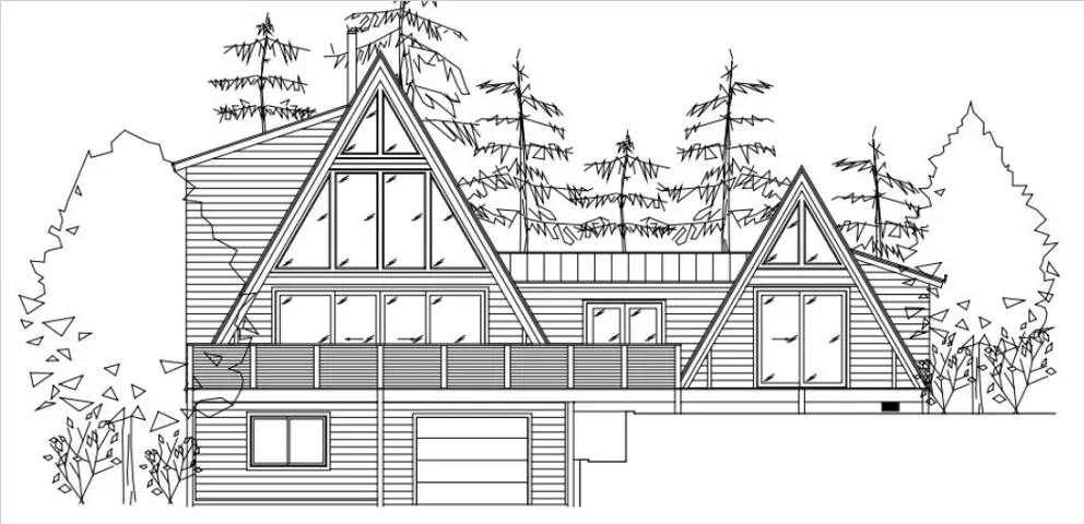 Architectural Drawing. Illustrating the exterior elevation of the property, including structural elements and natural surroundings