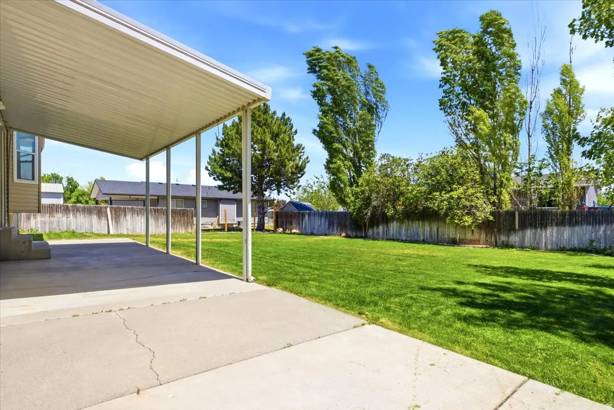 Expansive backyard featuring a covered concrete patio, mature trees, and a wooden privacy fence