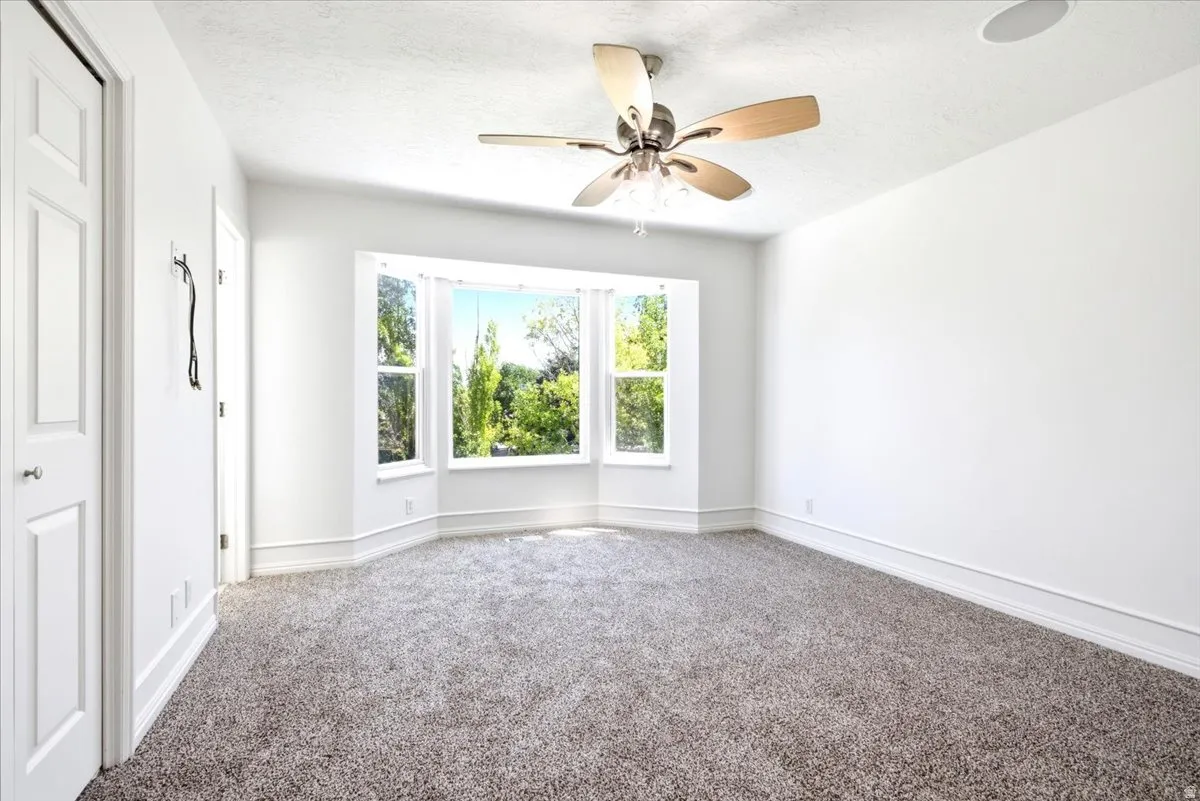 Bright interior space featuring a multi-pane bay window, textured carpet flooring, and a ceiling fan with light fixture