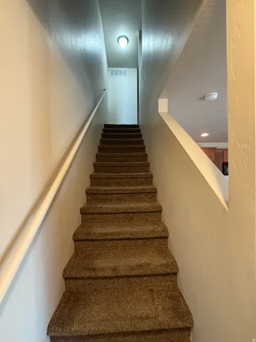 756-Carpeted staircase with an off-white handrail and neutral wall finishes