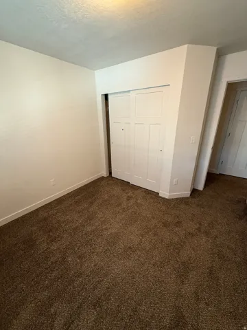 756-Neutral-toned room featuring plush brown carpeting, light-colored walls, and a built-in closet with sliding panel doors