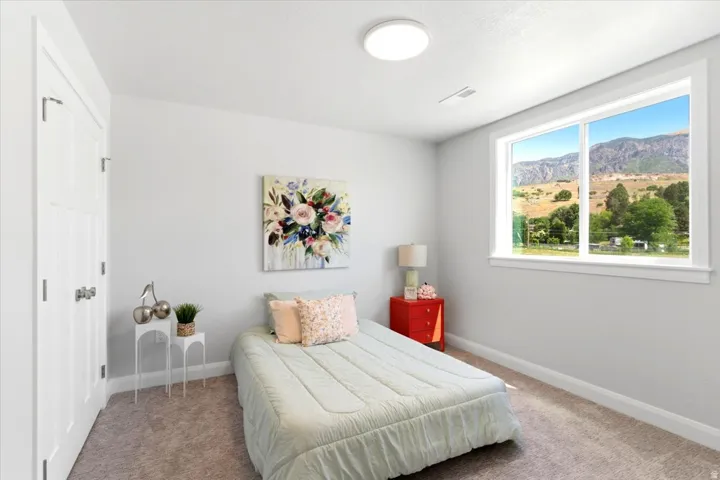 Carpeted room featuring a large window with mountain scenery, light gray walls, white trim, and a flush mount ceiling light