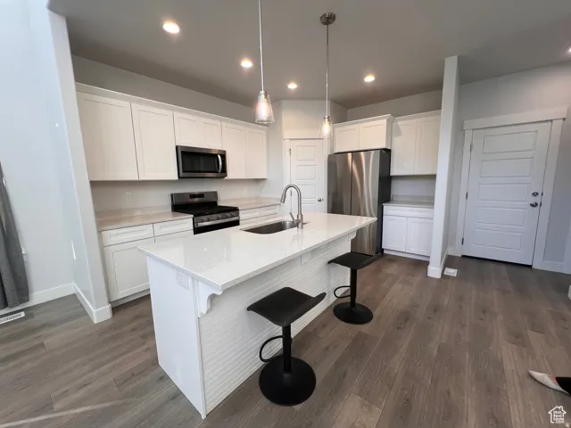 Modern kitchen featuring an expansive center island with seating, white shaker cabinetry, stainless steel appliances, and wood-finish flooring