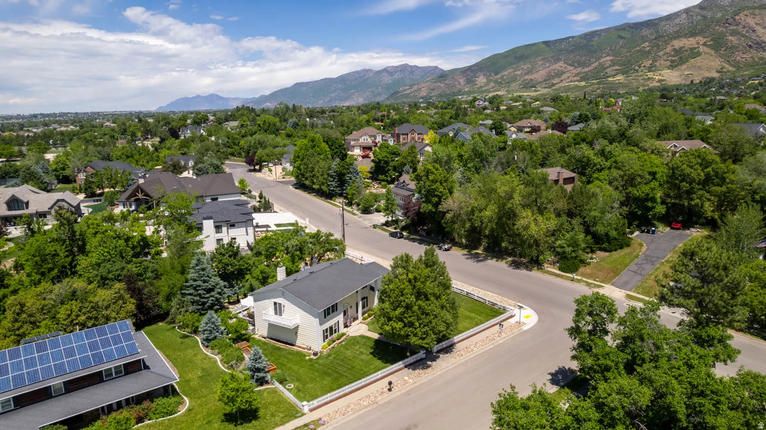 Aerial perspective showcasing a residential area with varied home styles and mature tree coverage