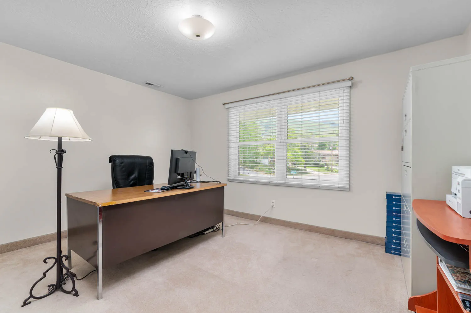 Carpeted room with a ceiling-mounted light fixture, a window with horizontal blinds, and neutral wall paint