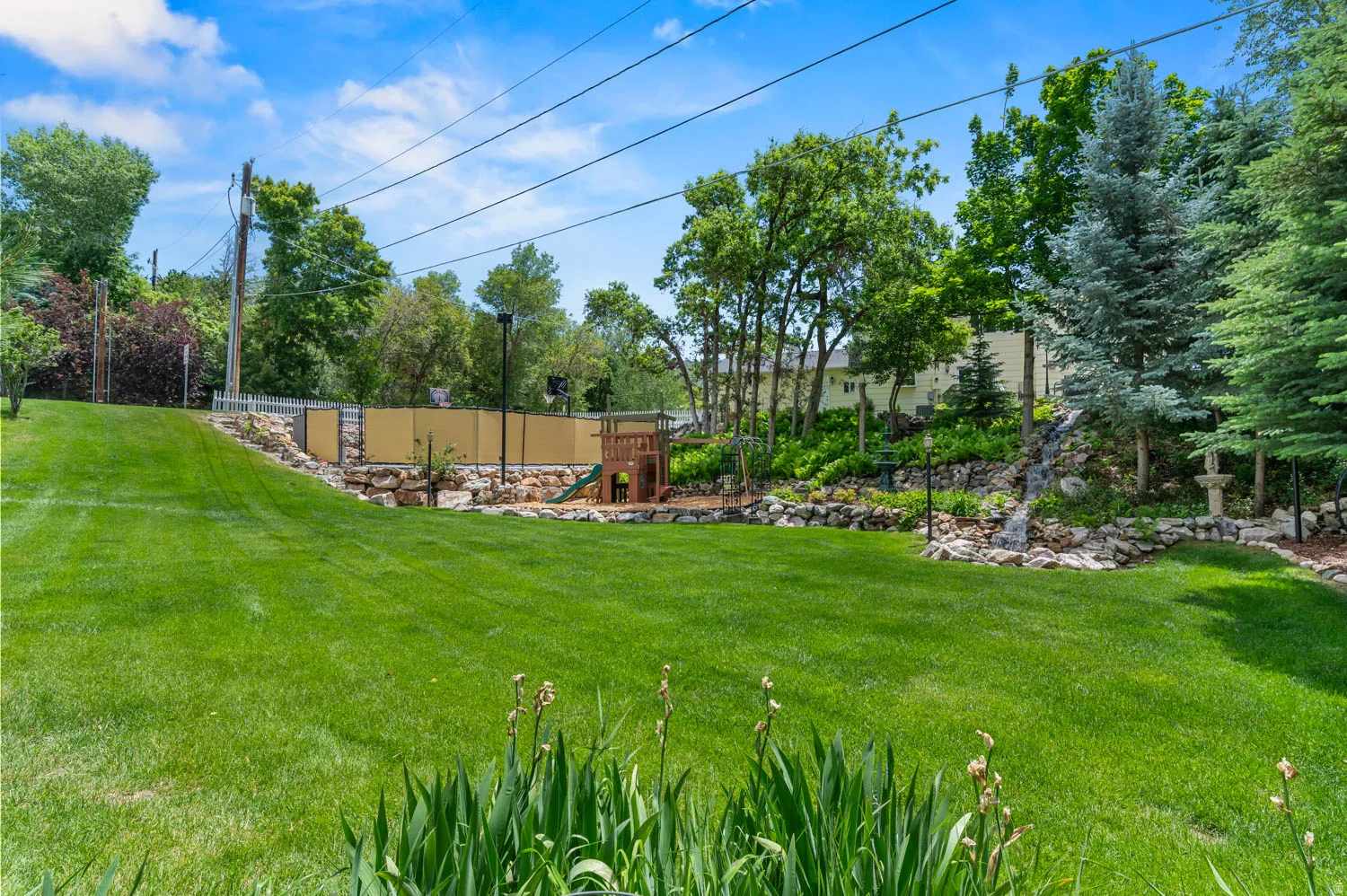 Expansive green lawn with mature trees and a rock-lined water feature