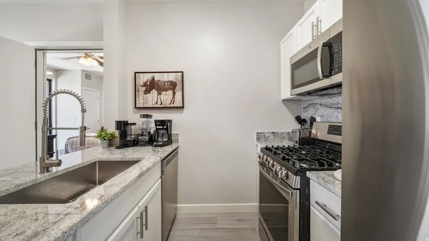 Modern kitchen featuring granite countertops, stainless steel appliances, white cabinetry with contemporary hardware, a gas range, and a deep basin sink with a gooseneck faucet