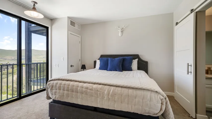 Bedroom featuring a sliding glass door to a balcony with metal railings, a sliding barn door, and light gray wall paint