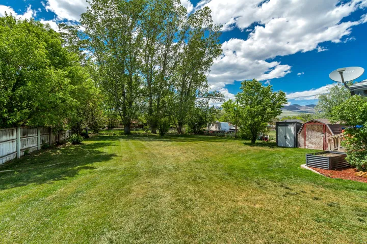 Expansive grassy yard with mature trees and perimeter fencing
