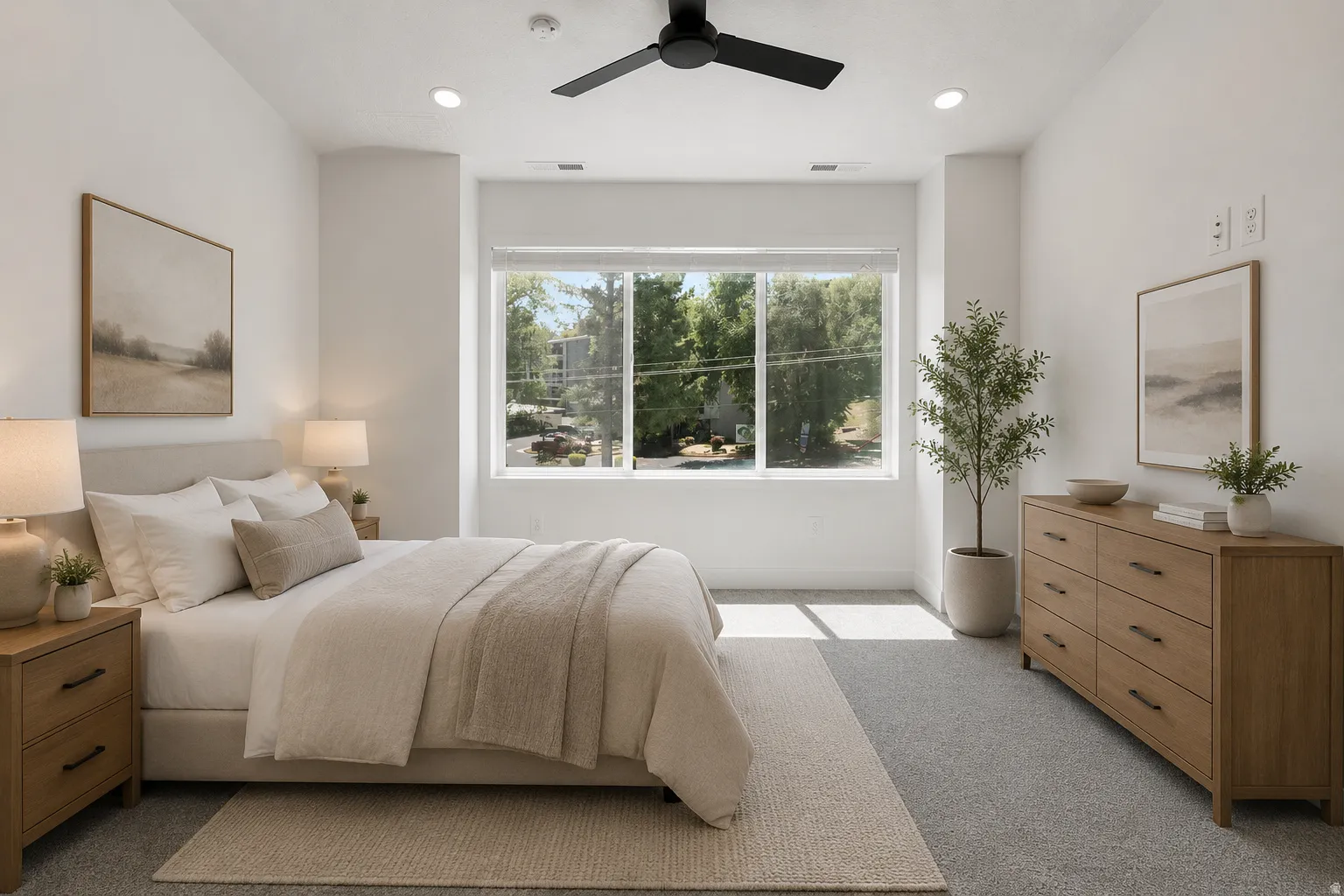 Bedroom featuring large picture windows, recessed lighting, a ceiling fan, and light-toned carpeting
