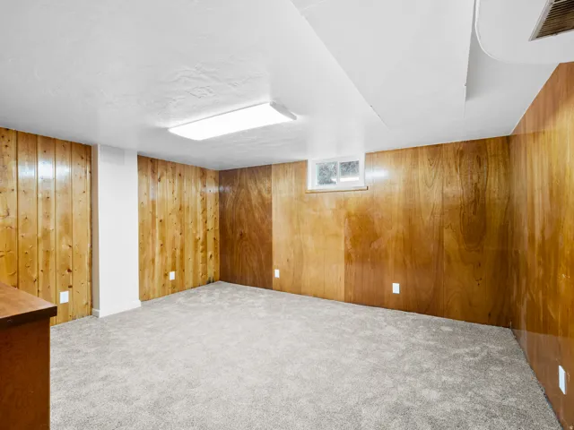 Interior room featuring wood-panel walls, light gray carpet, a white ceiling, and a rectangular window