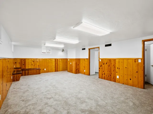 Spacious room featuring light gray carpeting and wood paneling on lower walls
