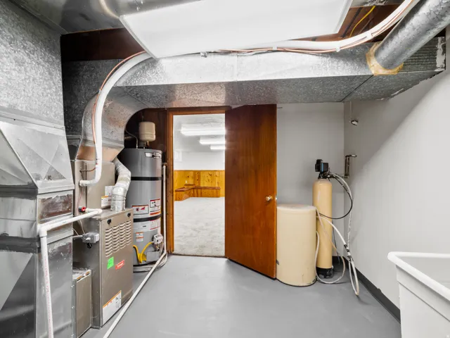 Utility area featuring a water heater, furnace, water softener, and a laundry sink