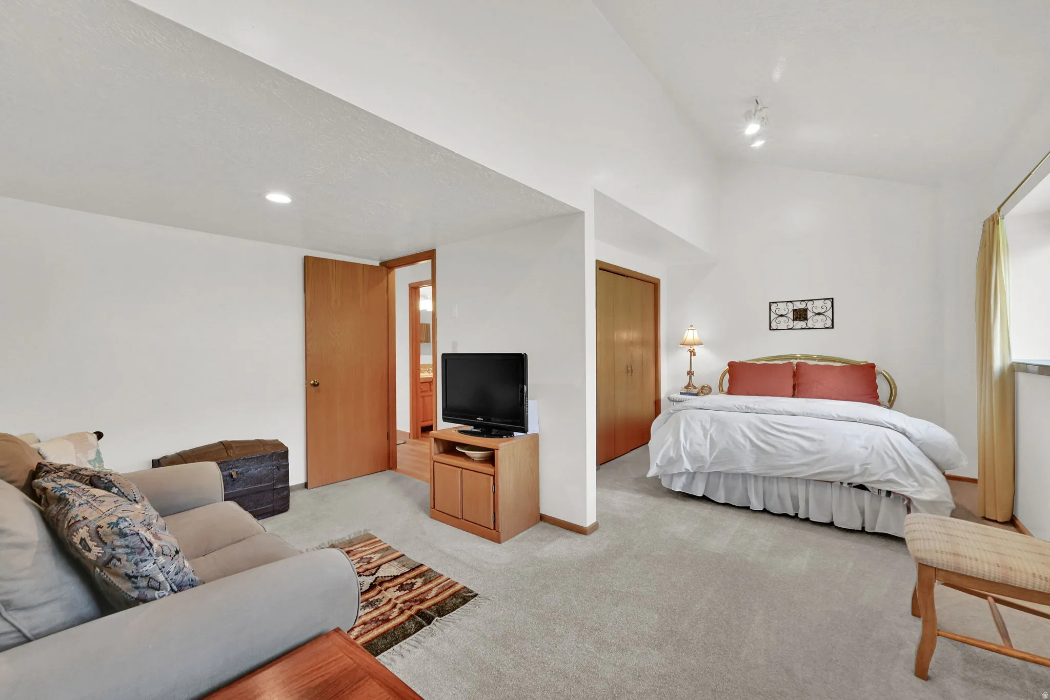 Carpeted interior space featuring a distinct sleeping area and a separate living area